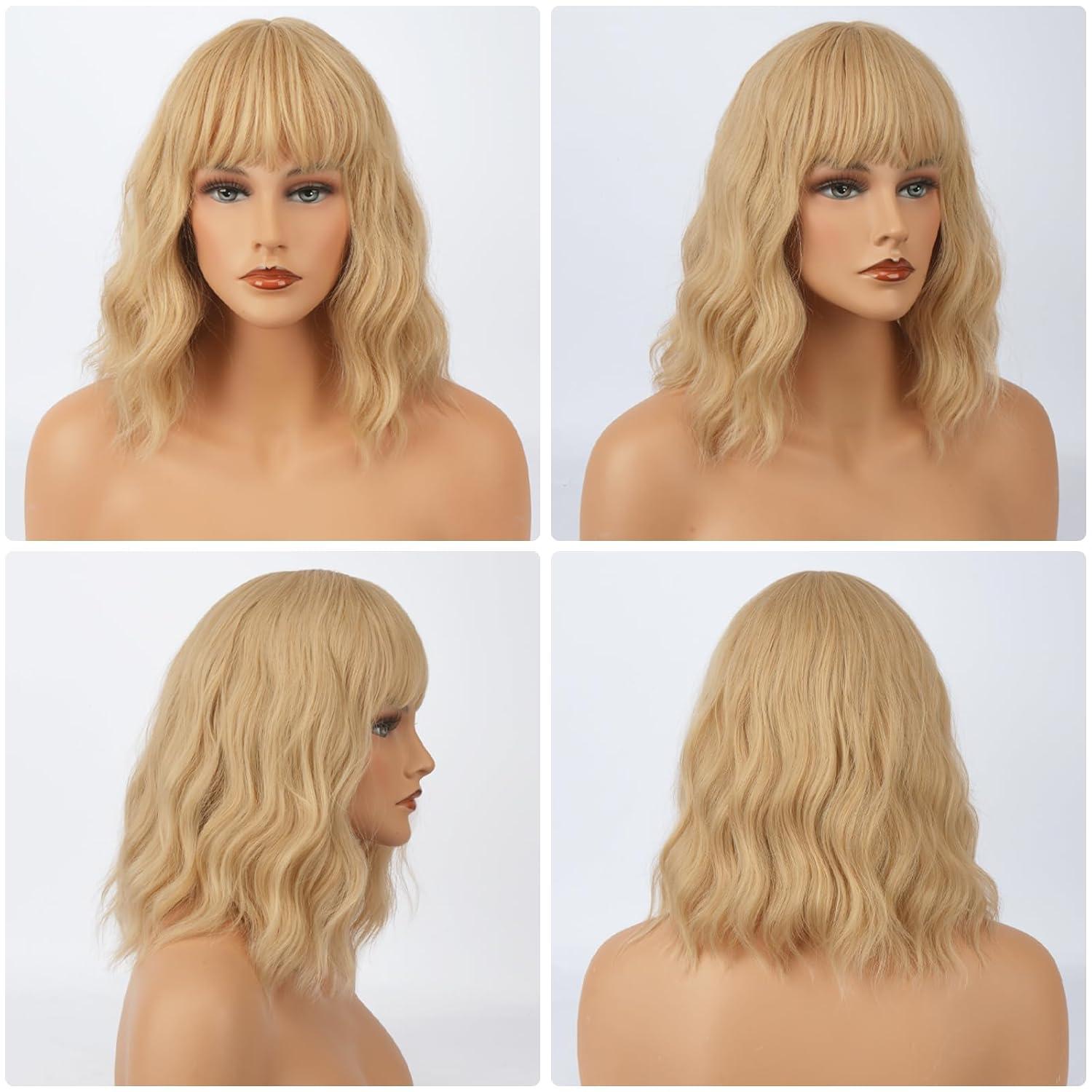 Kurze Bob Perücke mit Pony 35cm Blond Lockige Frauen Perücken