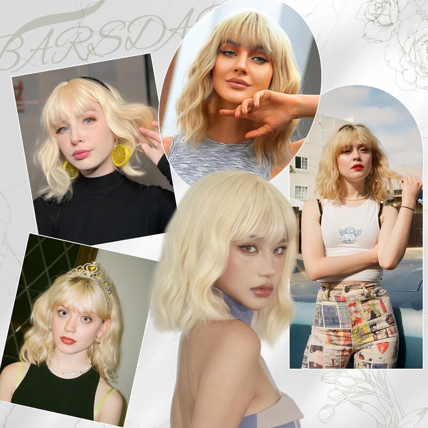Kurze Bob Perücken mit Lockigen Gewellten Pony 35cm Blond Mischung