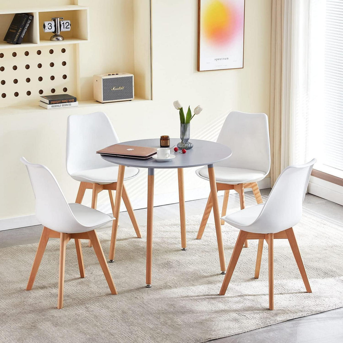 Essgruppe 5-teilig: Runder Tisch Grau & 4 Stühle Weiß