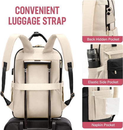 15,6 Zoll Laptop Rucksack Damen Wasserdicht USB Schwarz Beige