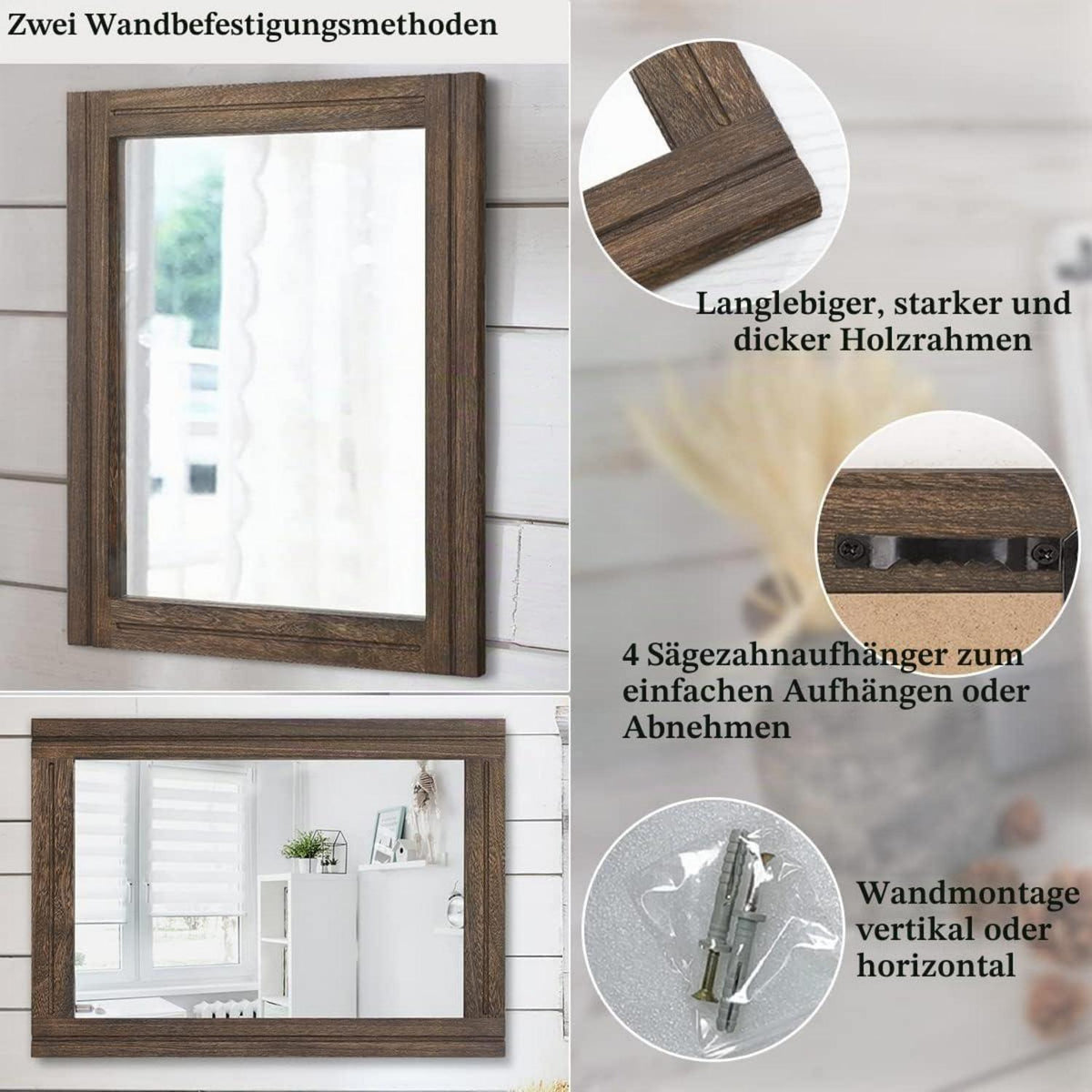 Rustikaler Holzspiegel 70x50 cm – Wandspiegel für Schlafzimmer & Wohnzimmer