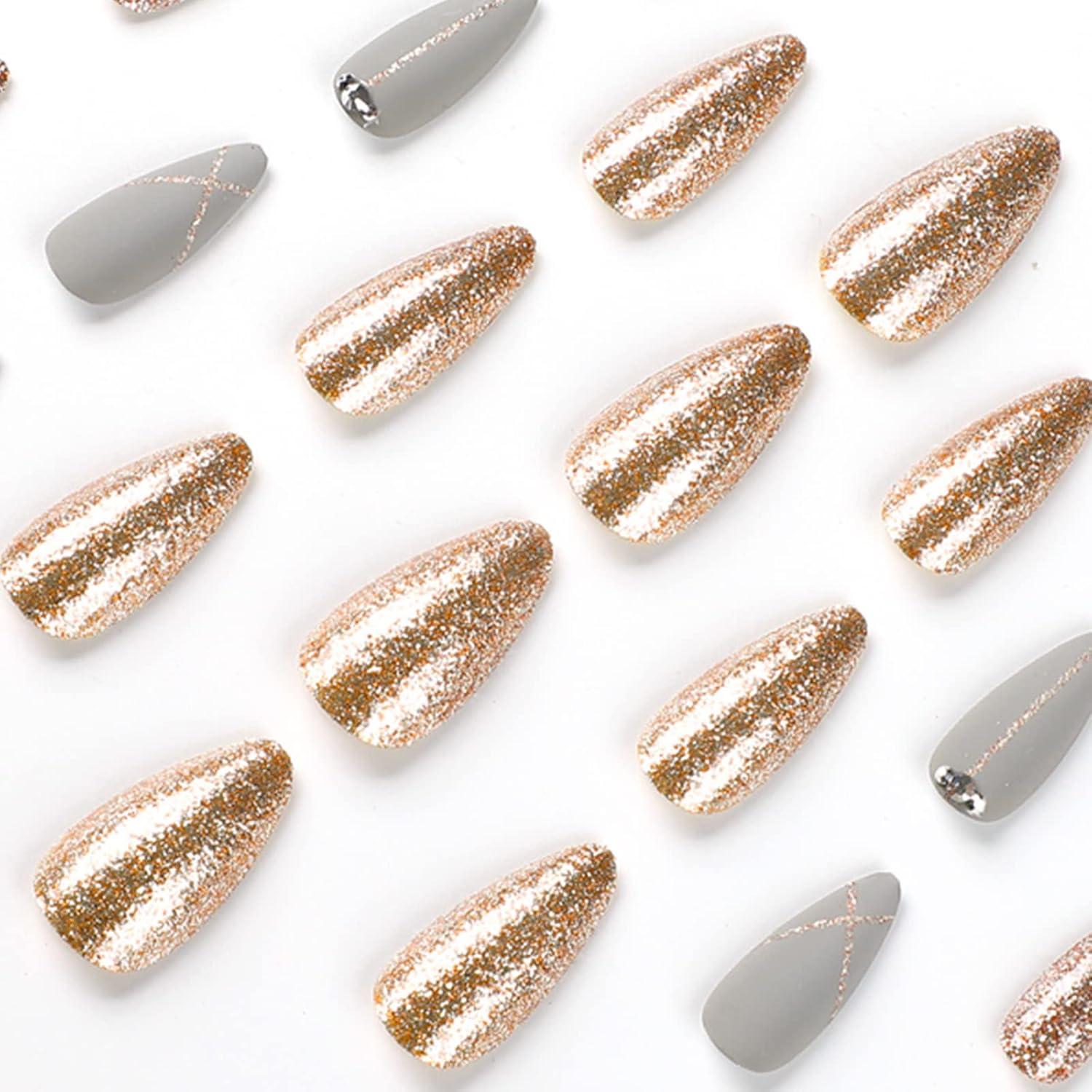 24er Set Glitzer Kunstnägel Mandelform mit Strass - Acrylnägel Press