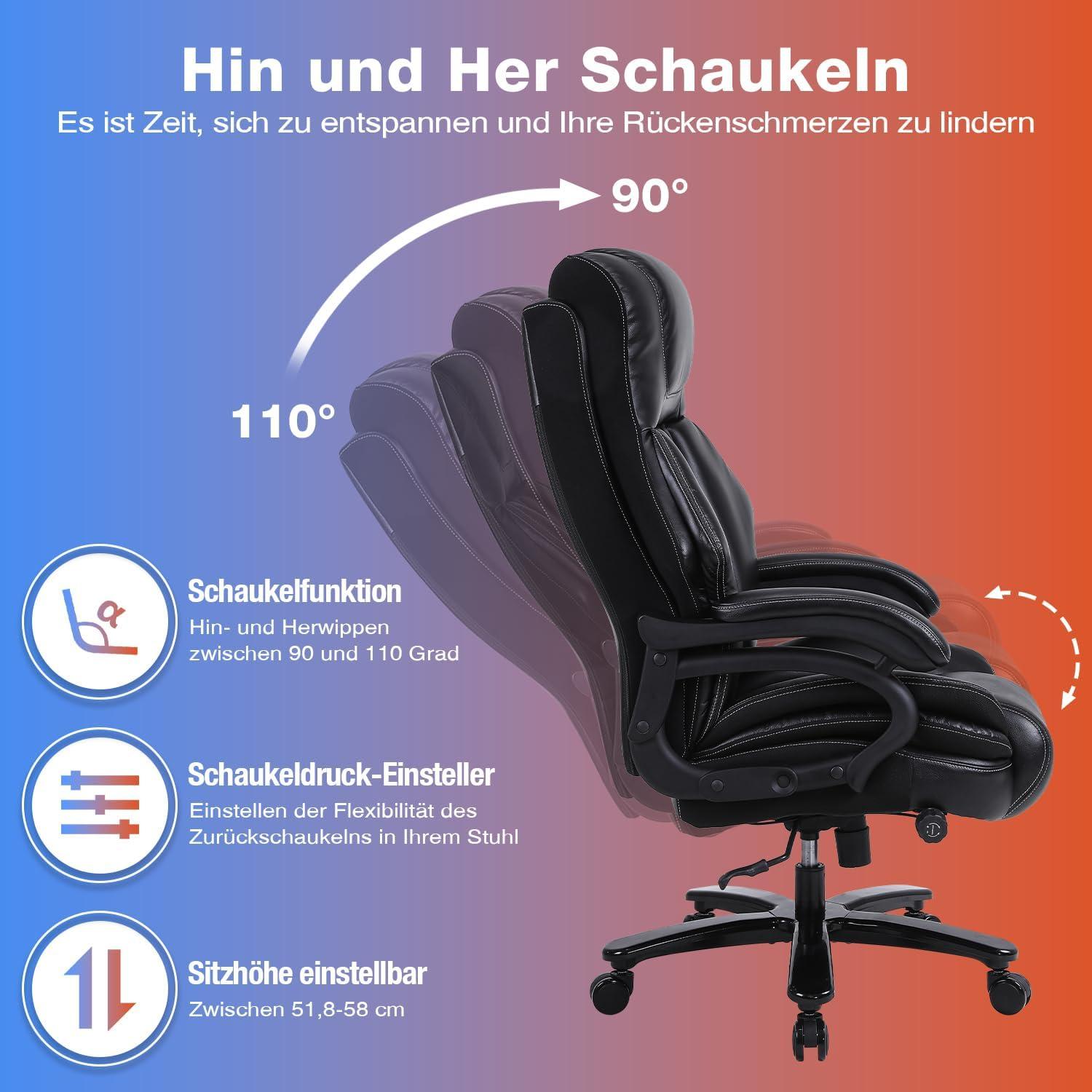 Großer Bürostuhl Schwarz 200kg Belastbarkeit Lordosenstütze
