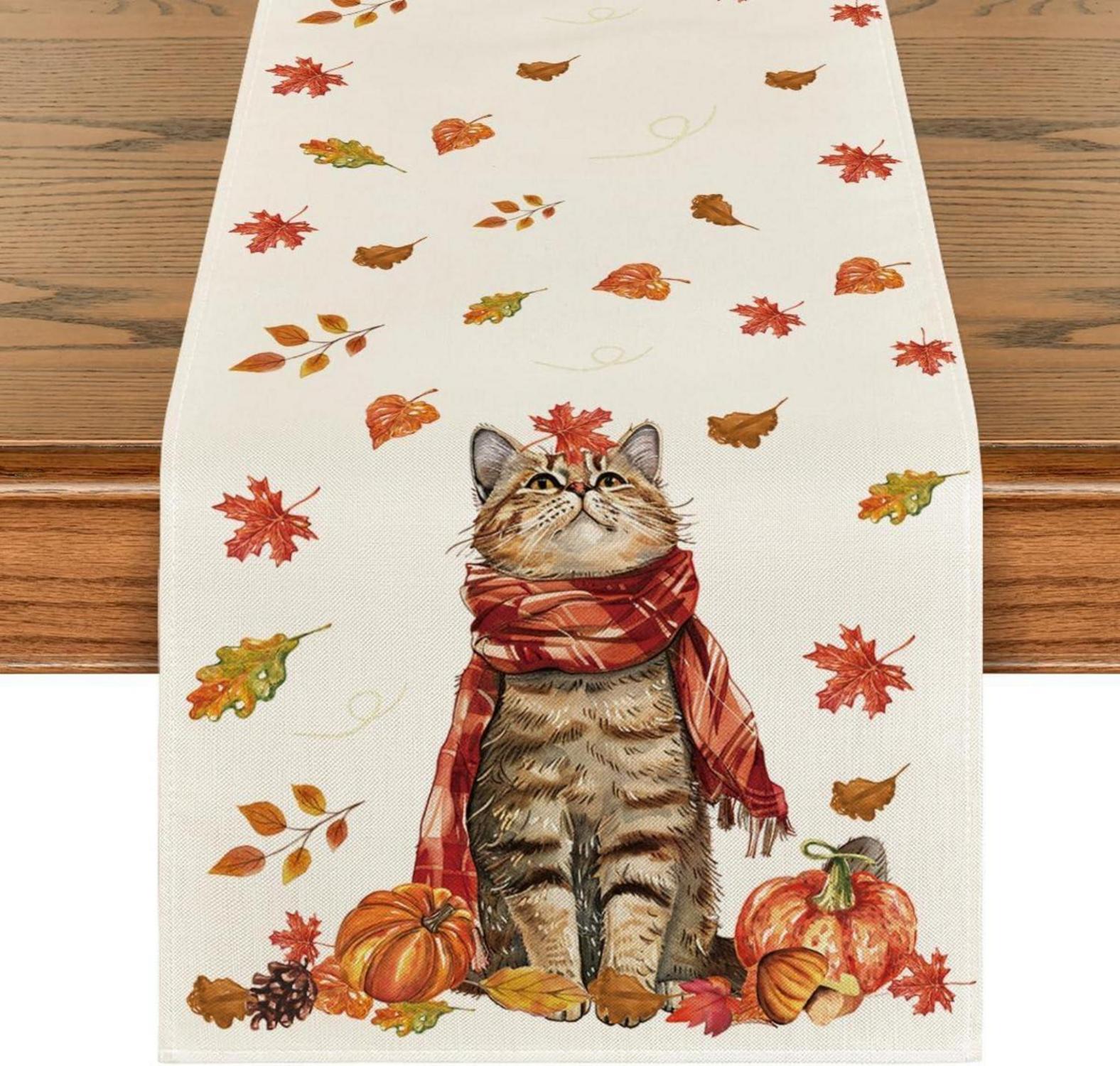Herbst Tischläufer Katze Kürbisse Ahornblätter 40x240 cm Beige