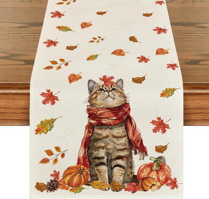 Herbst Tischläufer Katze Kürbisse Ahornblätter 40x240 cm Beige