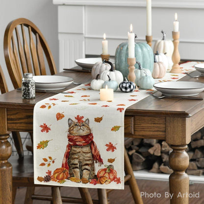 Herbst Tischläufer Katze Kürbisse Ahornblätter 40x240 cm Beige