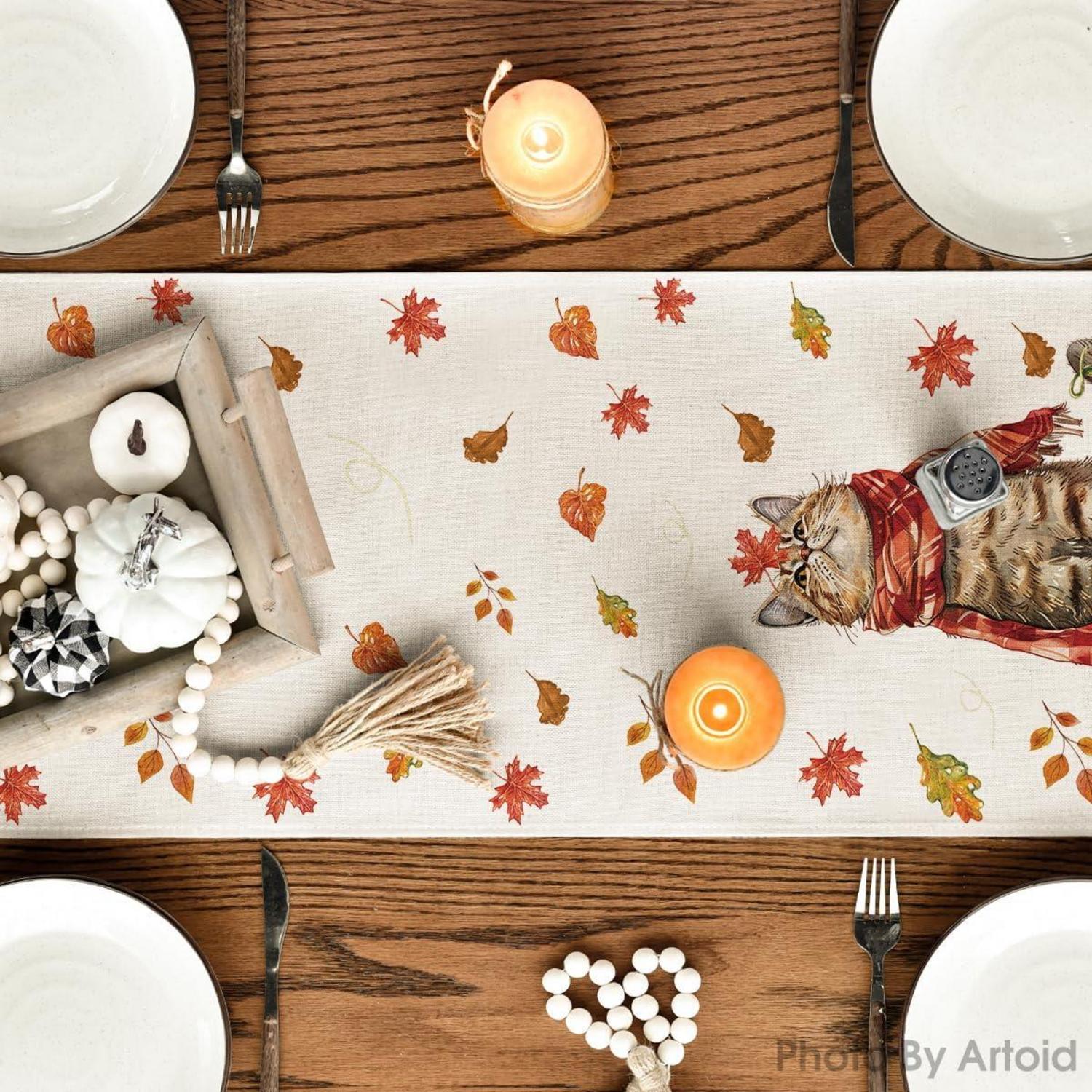 Artoid Mode Katze Kürbisse Ahornblätter Herbst Tischläufer 40x300 cm Beige