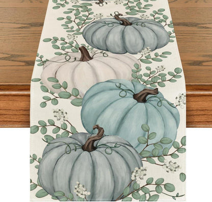 Herbst Tischläufer Blau Kürbisse Eukalyptus 40x300 cm
