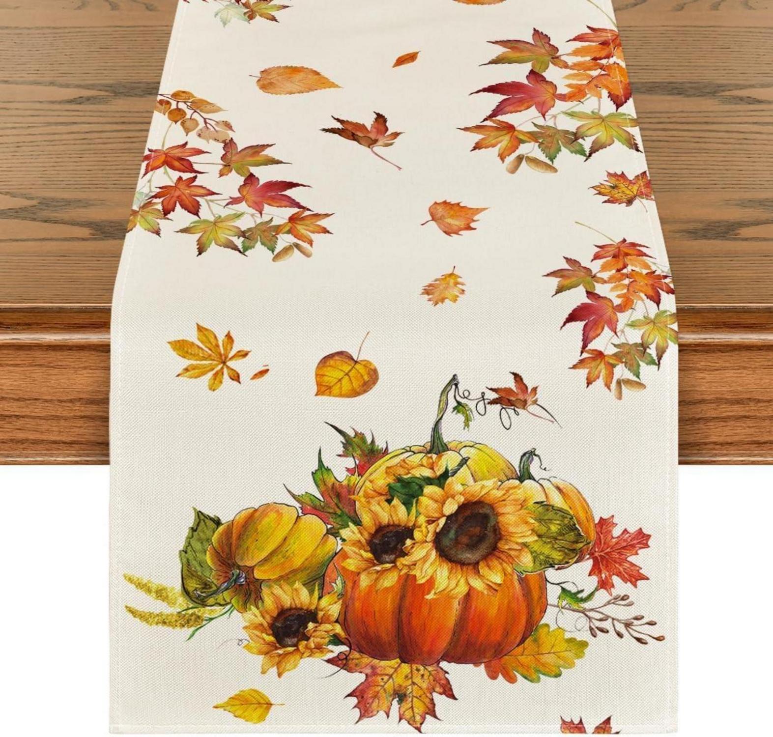 Herbst Tischläufer Kürbisse Ahornblätter Sonnenblumen 40x240 cm