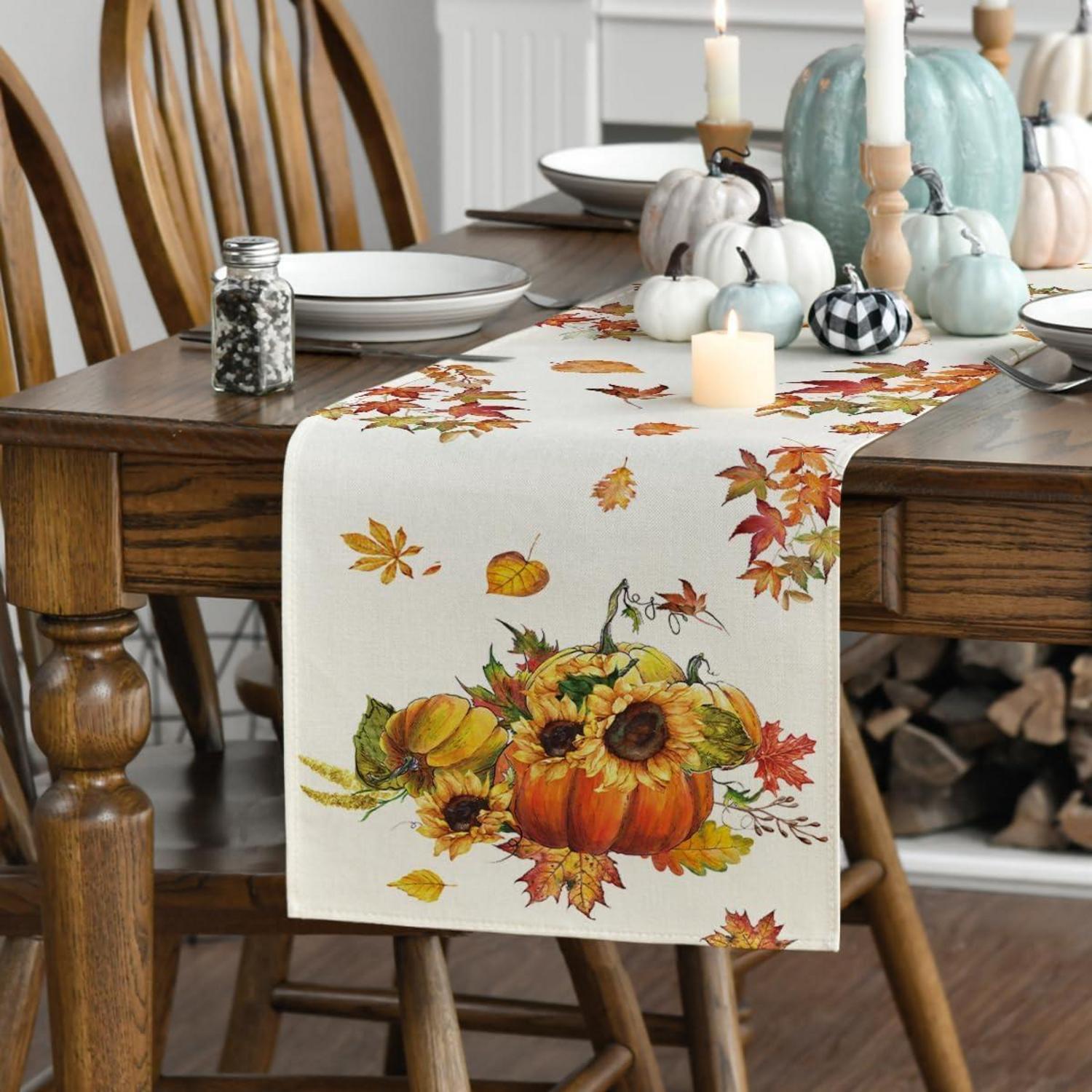 Herbst Tischläufer Kürbisse Ahornblätter Sonnenblumen 40x240 cm