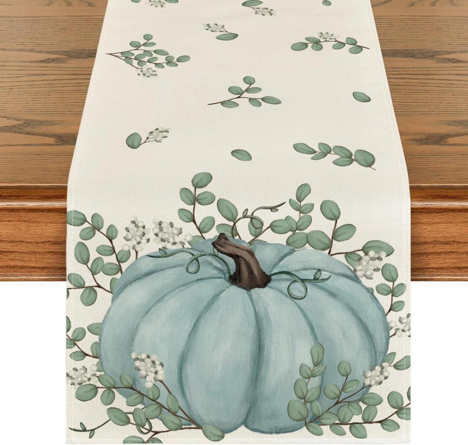 Herbst Tischläufer Blau Kürbisse Eukalyptus Dekoration 40x240 cm