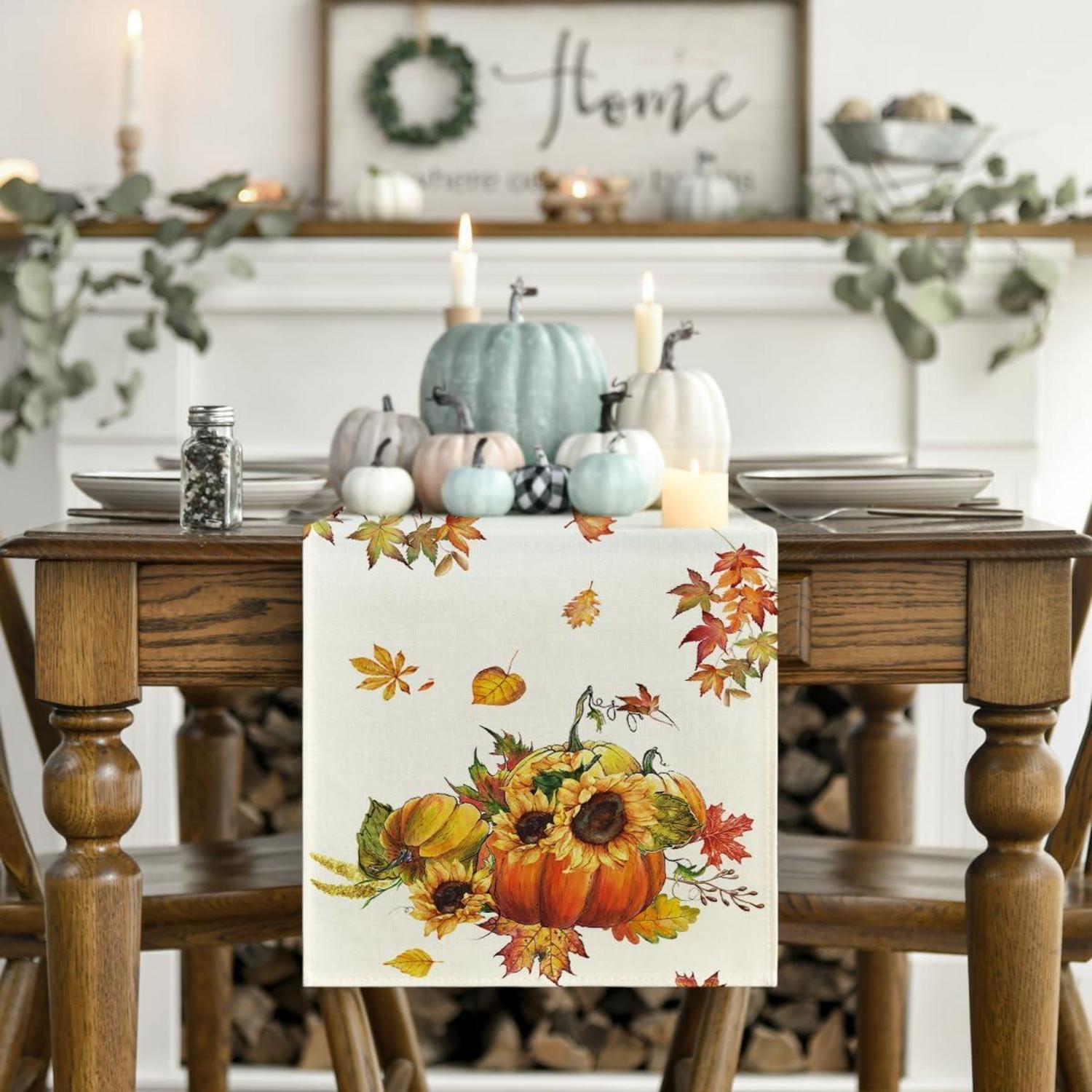Herbst Tischläufer Kürbisse Ahornblätter Sonnenblumen 40x300