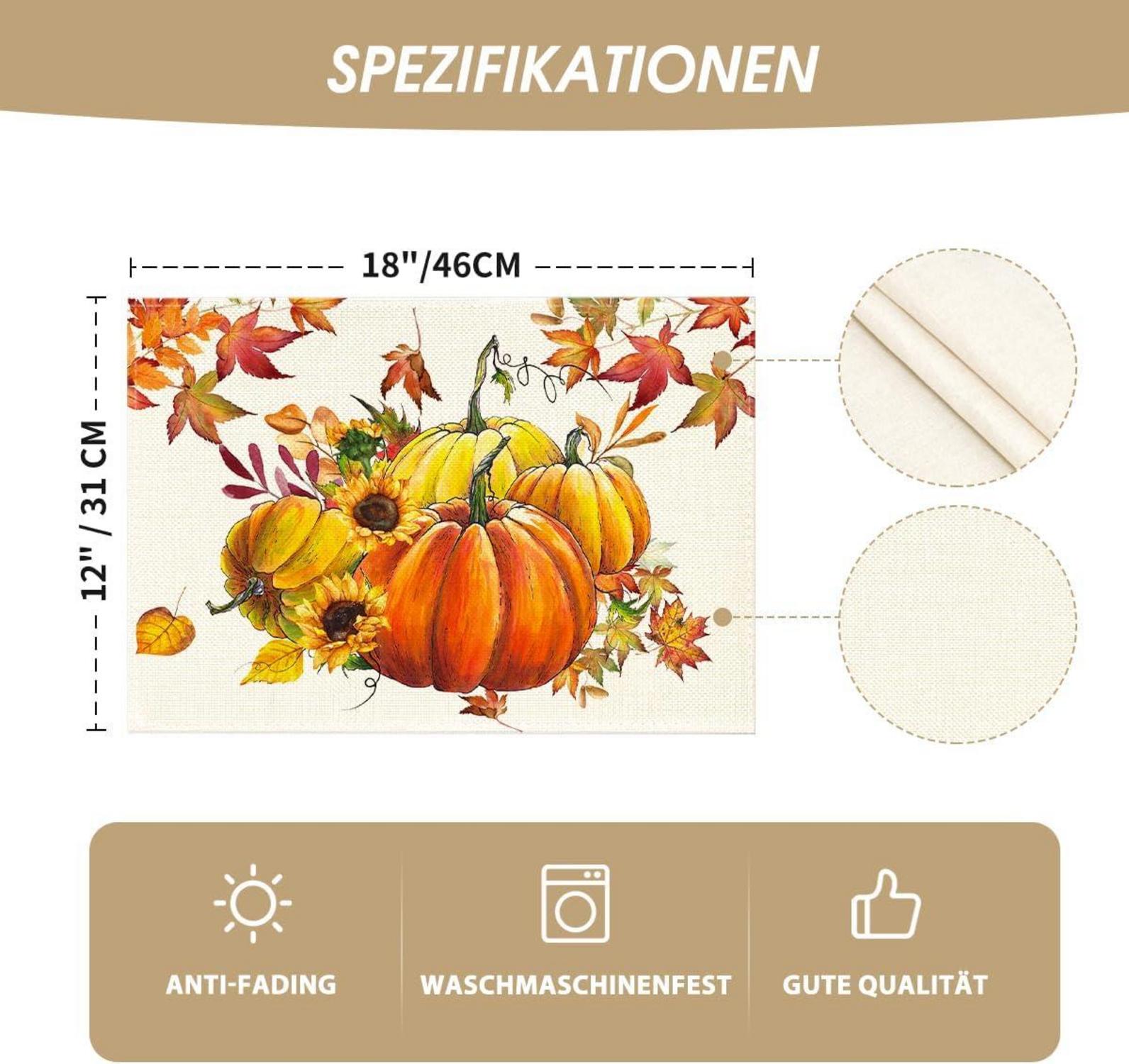 Herbst Platzsets Kürbisse Ahornblätter Sonnenblumen - 4er Set 30x45cm Orange