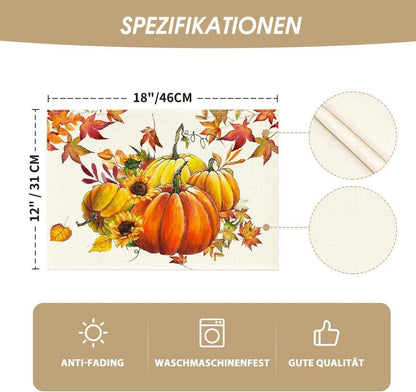 Herbst Platzsets Kürbisse Ahornblätter Sonnenblumen - 4er Set 30x45cm Orange