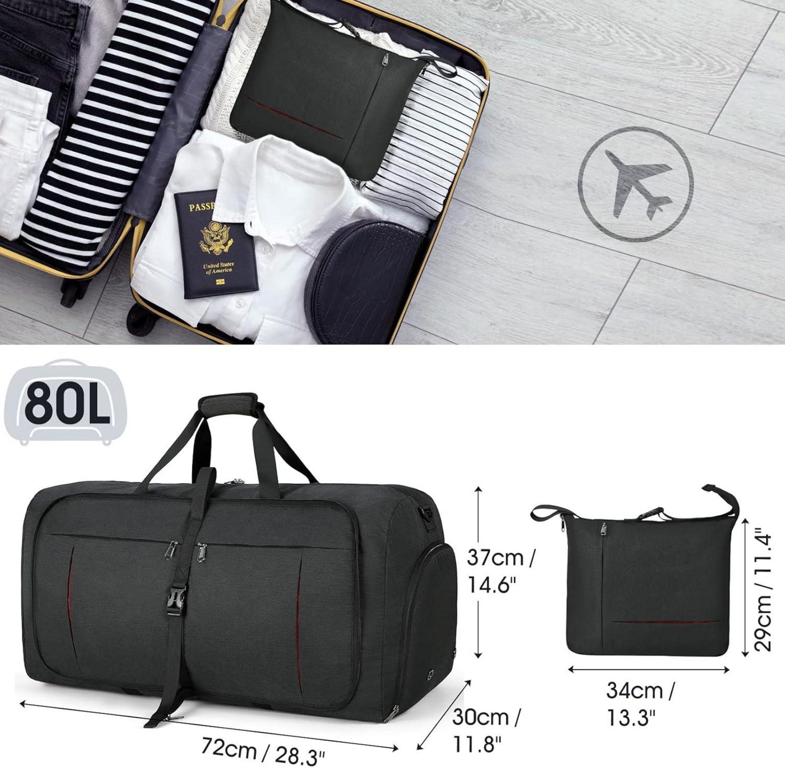 Faltbare Reisetasche 80L Sporttasche mit Schuhfach Schwarz