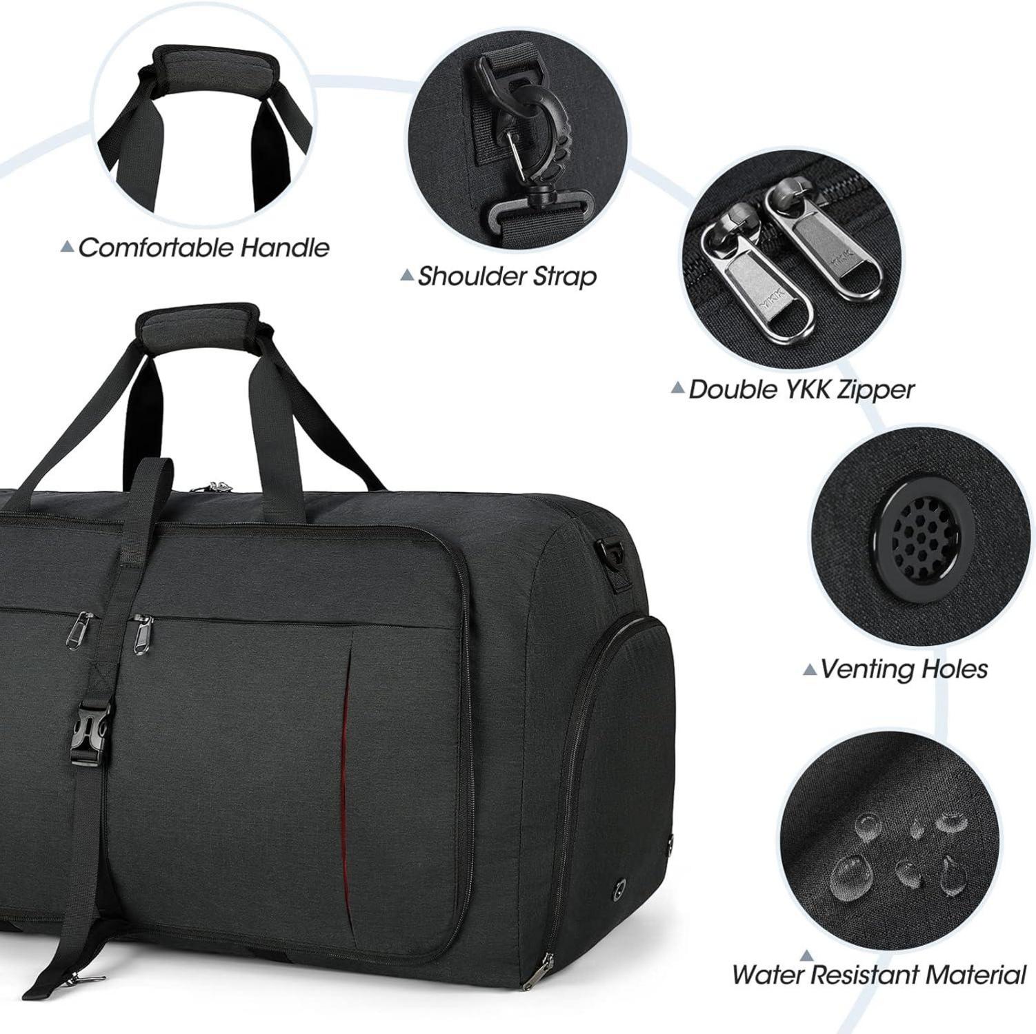 Faltbare Reisetasche 80L Sporttasche Schwarz mit Schuhfach