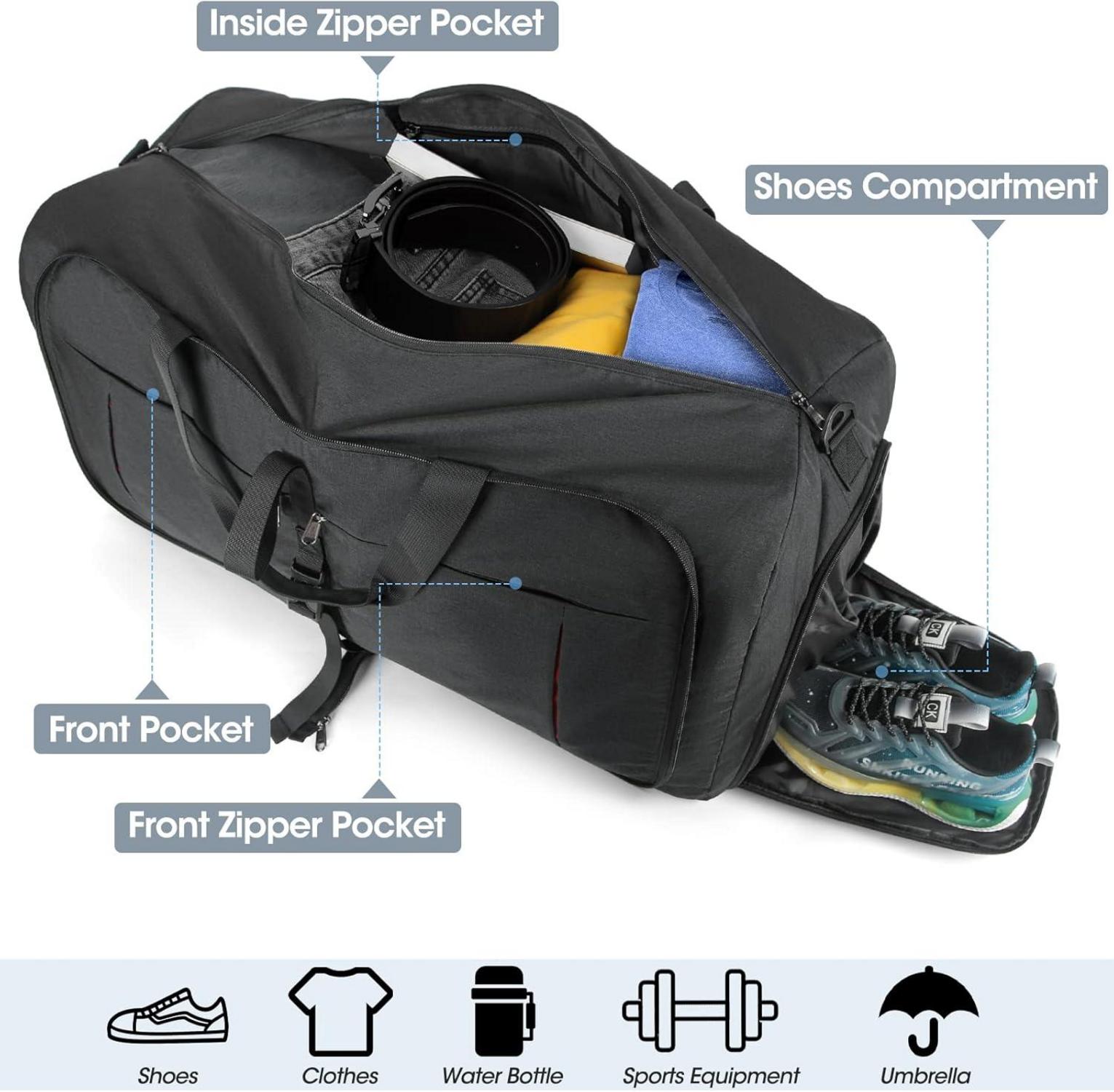 Faltbare Reisetasche Groß 65L Sporttasche Schwarz - NUBILY
