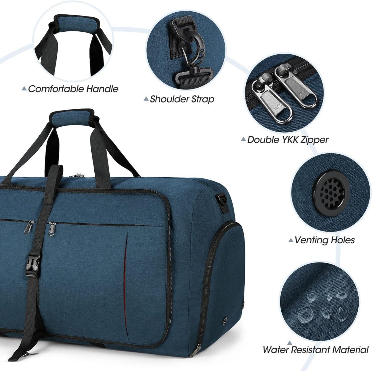 Faltbare Reisetasche 65L Sporttasche Schuhfach Weekender Handgepäck Blau