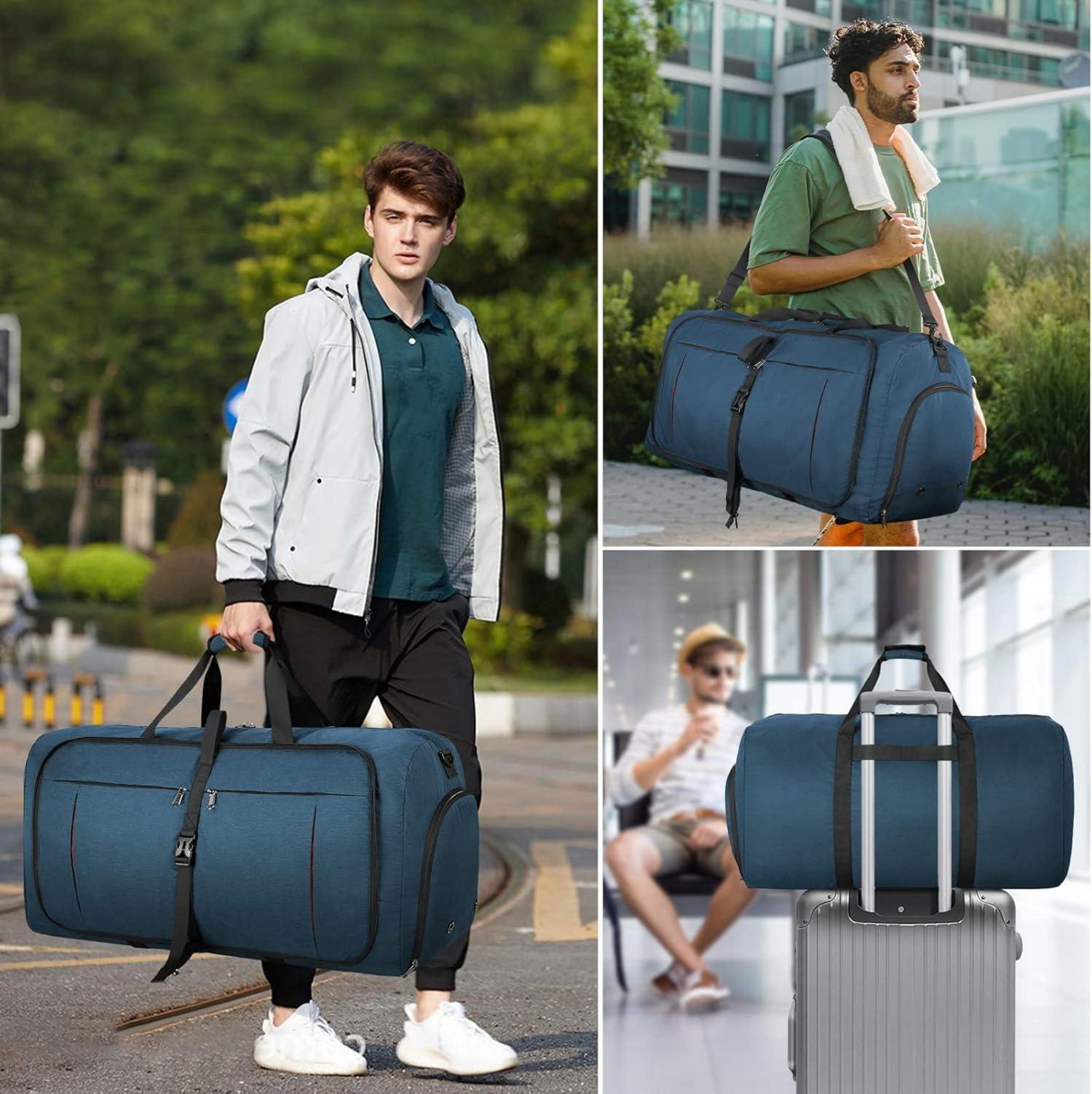 Faltbare Reisetasche Groß 65L Sporttasche Herren Damen Schuhfach Blau