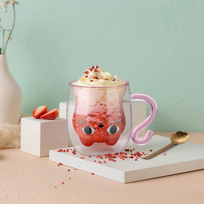 Doppelwandige Süße Katze Latte Macchiato Gläser 290ml Kaffeetasse Teegläser für Cappuccino und Tee