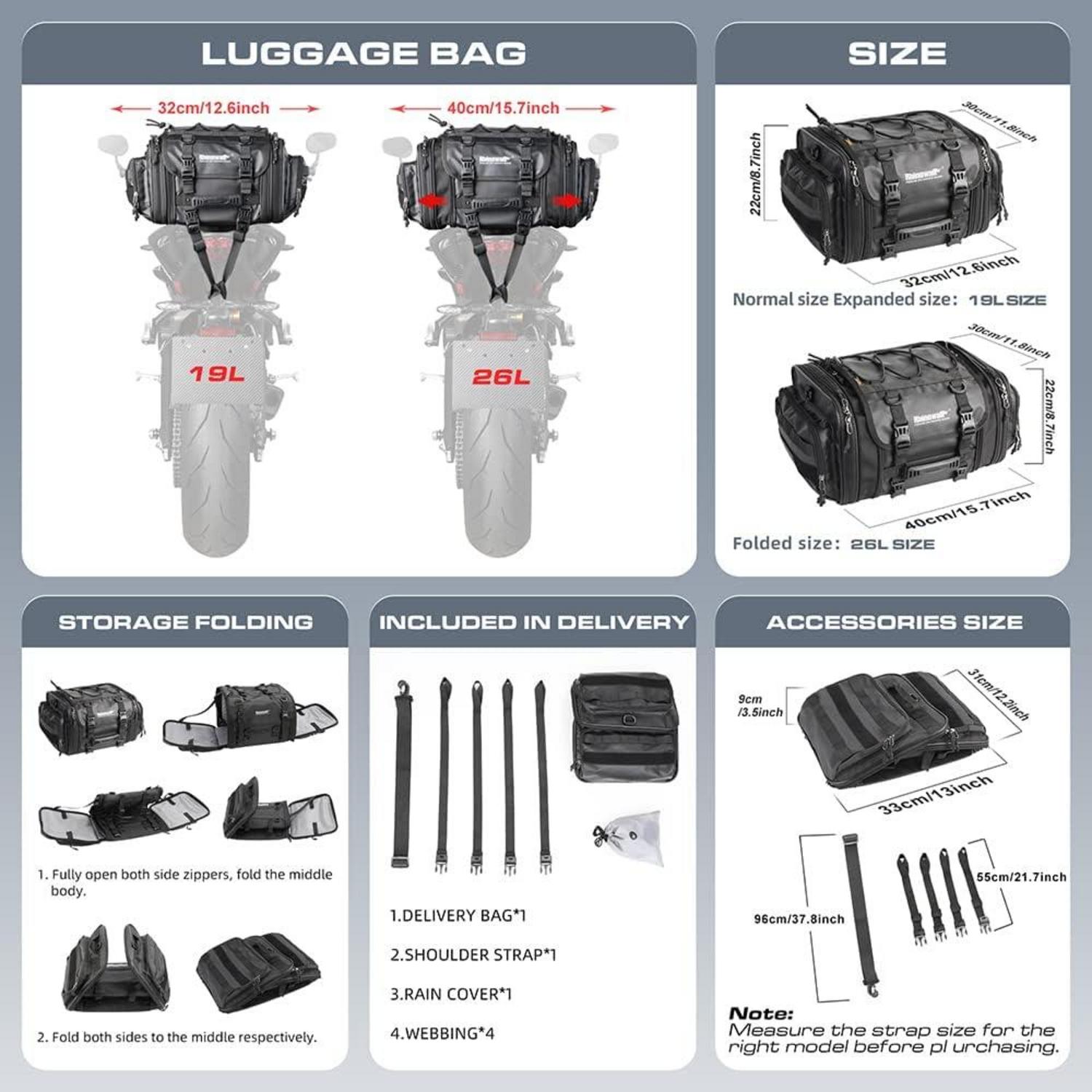 BAIGIO Motorrad Hecktasche Gepäckrolle 19-26L Wasserdicht