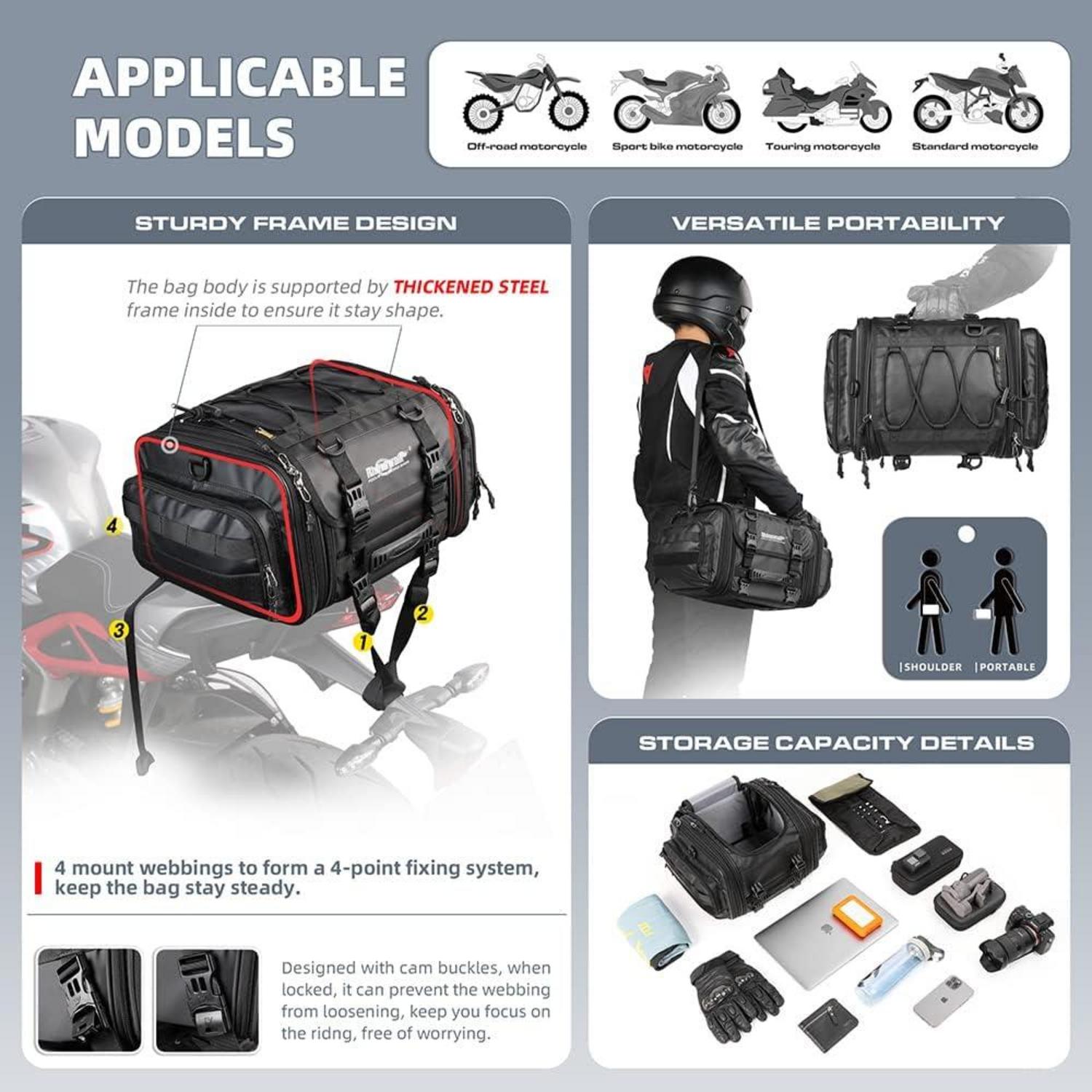 Motorrad Gepäckrolle 19-26L Wasserdicht Erweiterbar Schwarz