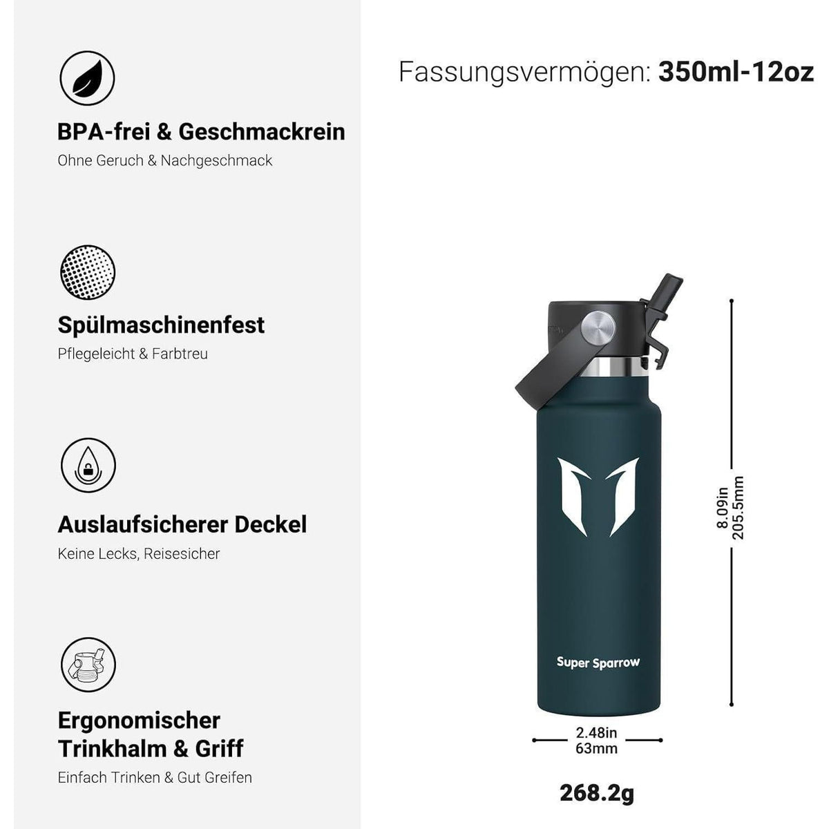 Edelstahl Thermosflasche mit Strohhalm 350ml C-Jade