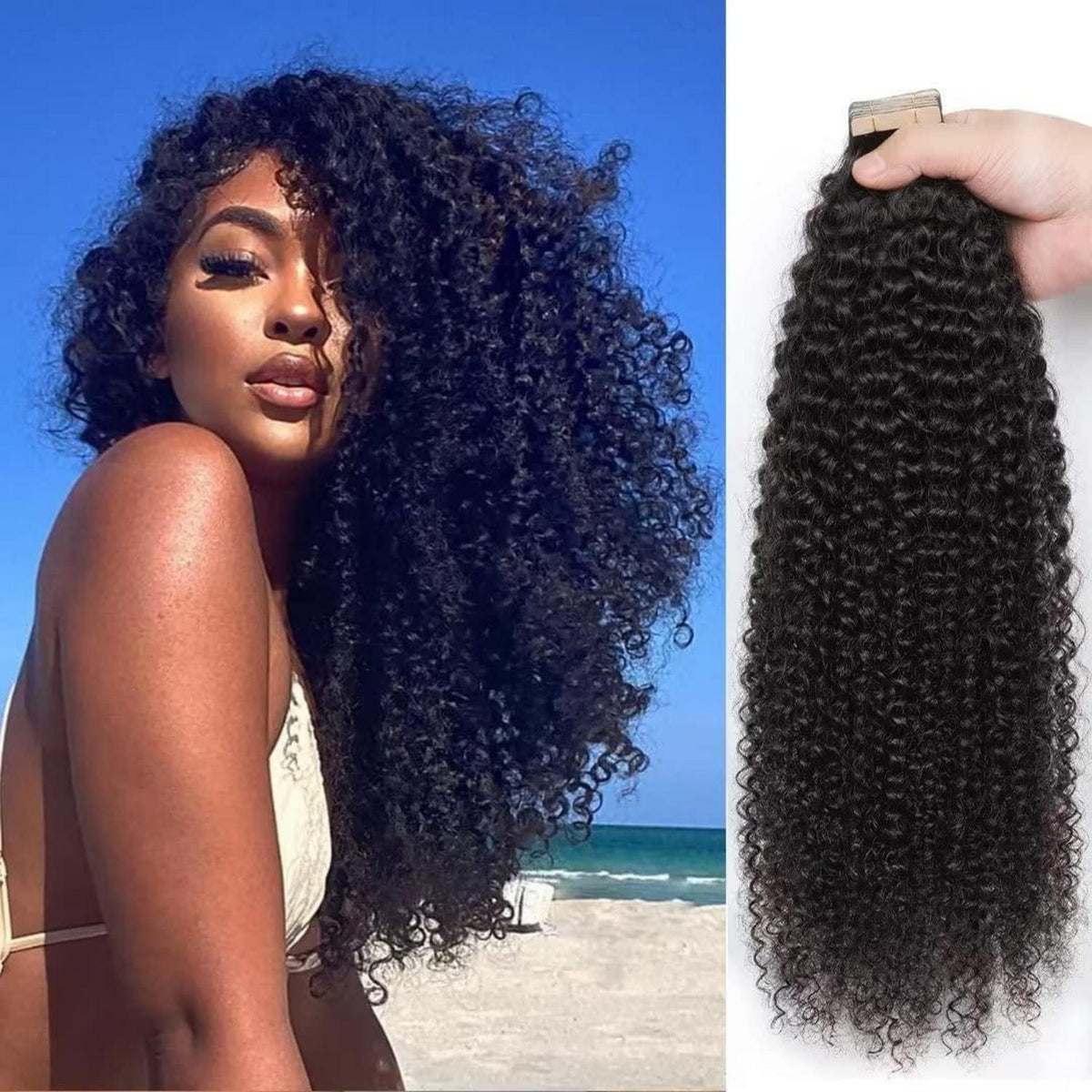 Echthaar Tape Extensions Schwarz Kinky Curly 22 Zoll
