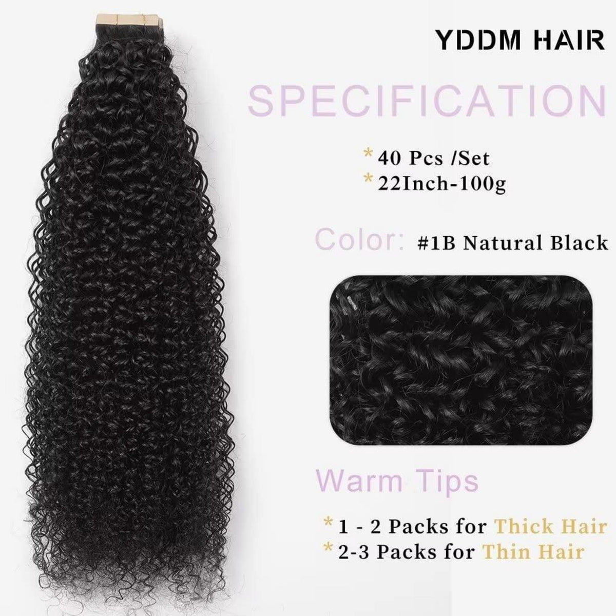 Echthaar Tape Extensions Schwarz Kinky Curly 22 Zoll