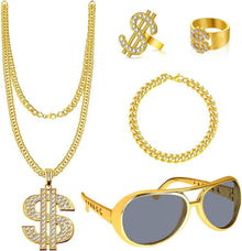 Hip Hop Kostüm Set Rapper Accessoires Goldkette Sonnenbrille Armband