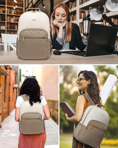Damen Laptop Rucksack 17 Zoll USB Ladeanschluss Business Wasserdicht Beige