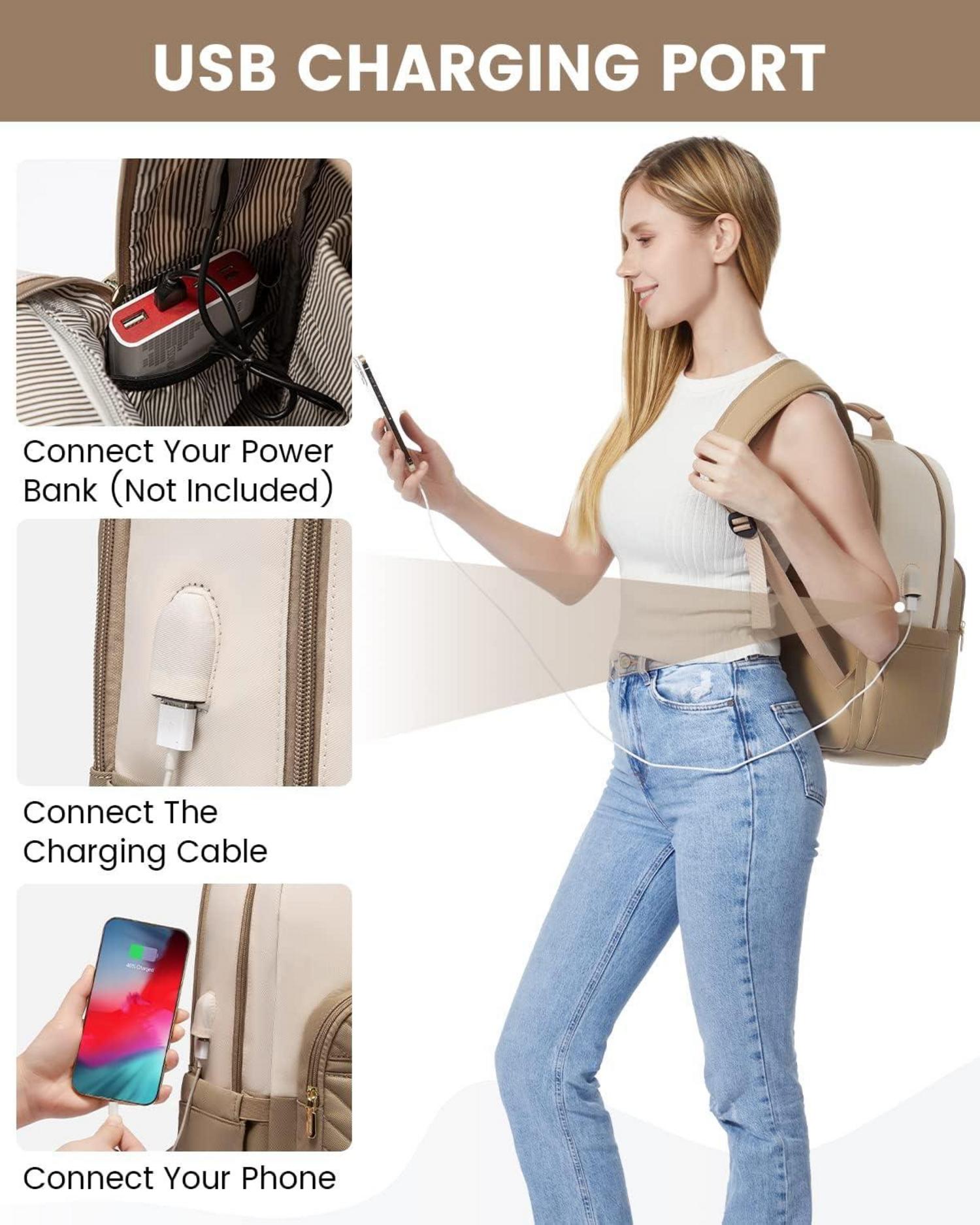 Damen Laptoprucksack 15,6 Zoll USB Ladeanschluss Beige Khaki