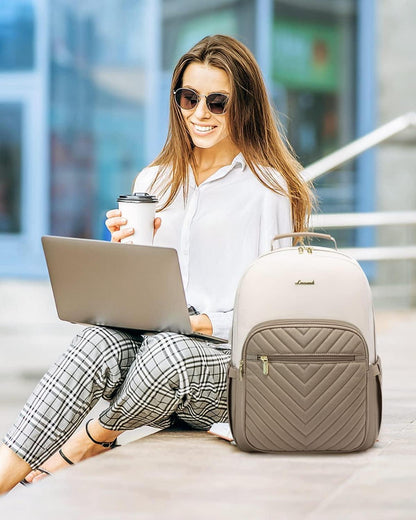 Rucksack Damen Laptoprucksack 15,6 Zoll USB Ladeanschluss Elegant Beige