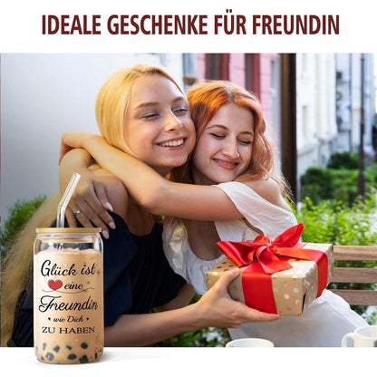 Bubbleteam Trinkglas 500ml mit Deckel Strohhalm Geschenk