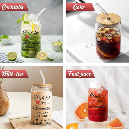 Bubbleteam Trinkglas 500ml mit Deckel Strohhalm Geschenk