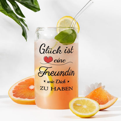 Bubbleteam Trinkglas 500ml mit Deckel Strohhalm Geschenk