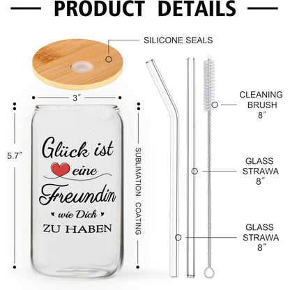 Bubbleteam Trinkglas 500ml mit Deckel Strohhalm Geschenk