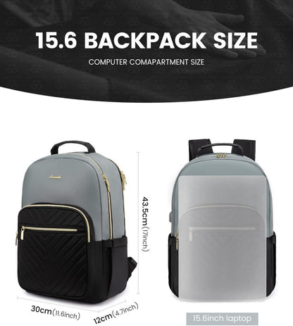 Rucksack Damen Laptoprucksack USB 15.6 Zoll Elegant Grau Schwarz