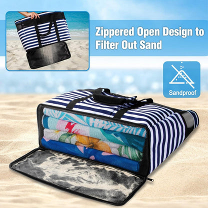 TEUEN Strandtasche XXL mit Reißverschluss, wasserdicht, Streifenmuster, 45L