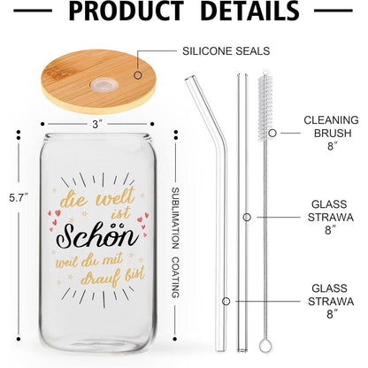 Frauengeschenk Trinkglas 500ml - Mit Strohhalm & Deckel