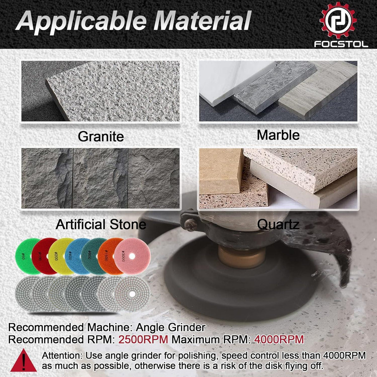 Diamant Polierscheiben 100mm Körnung 200 für Granit & Marmor