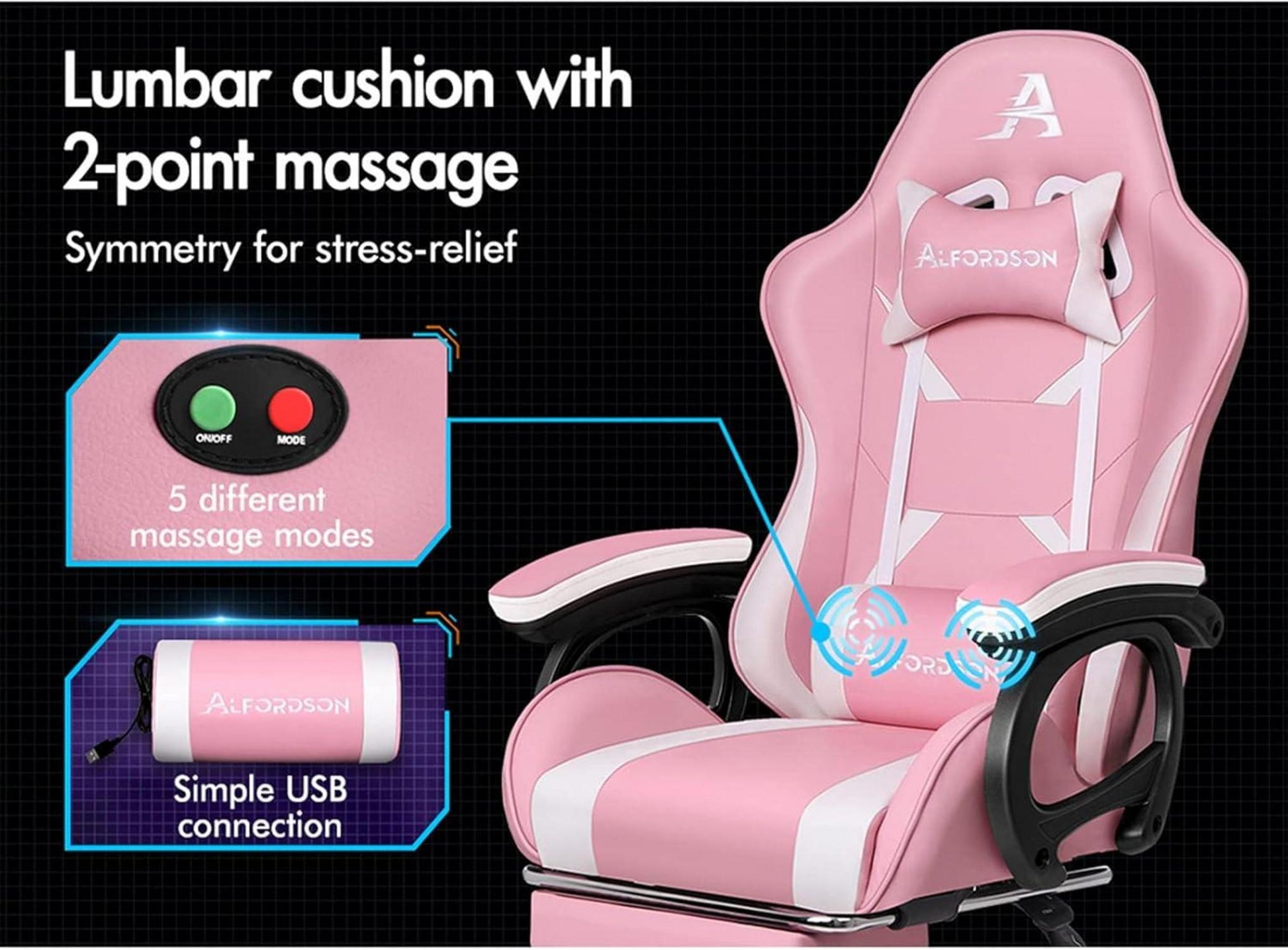 Gamingstuhl mit Massage Fußstütze Kopfstütze Lendenkissen