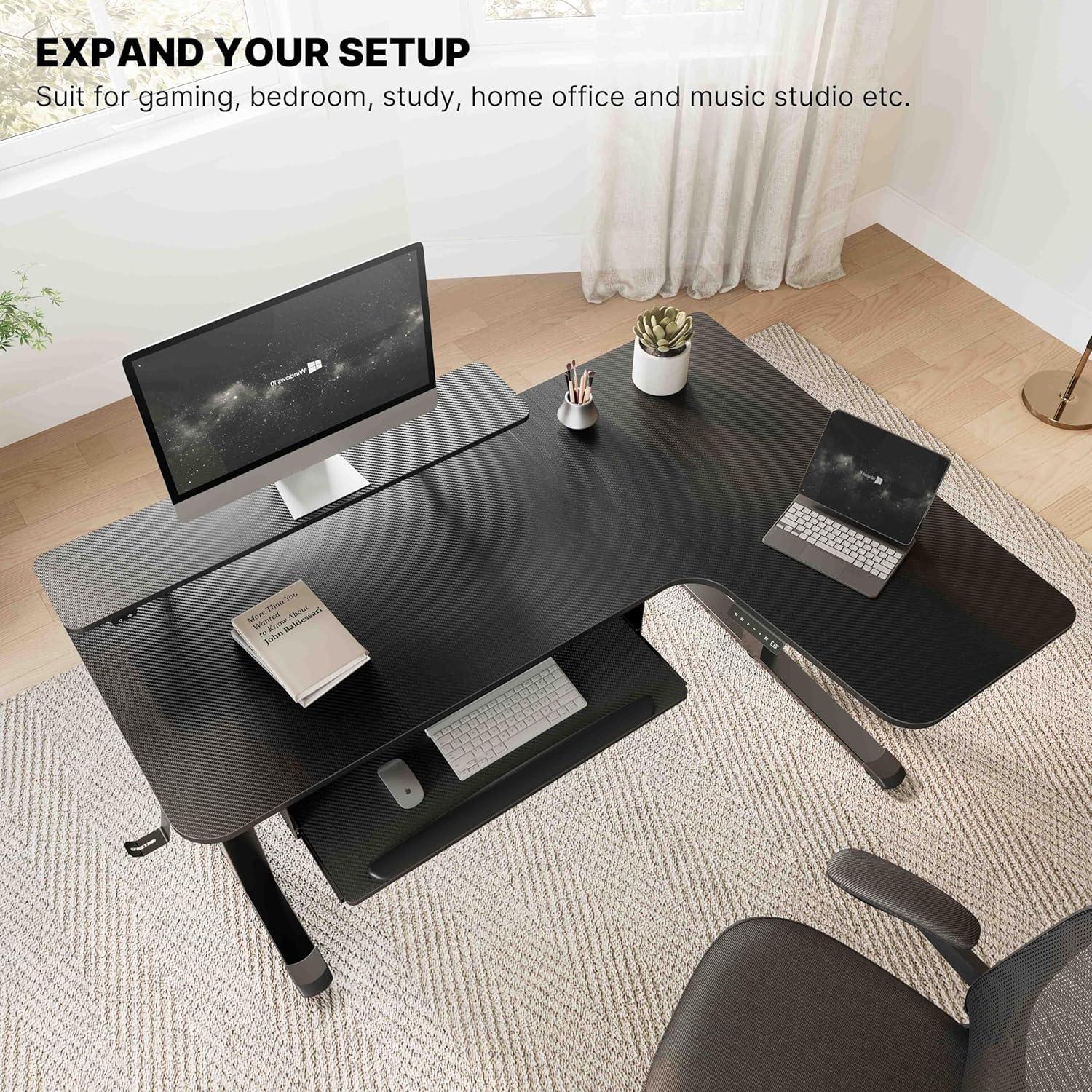 Höhenverstellbarer Eckschreibtisch L-Form 155x110 cm LED Monitorständer