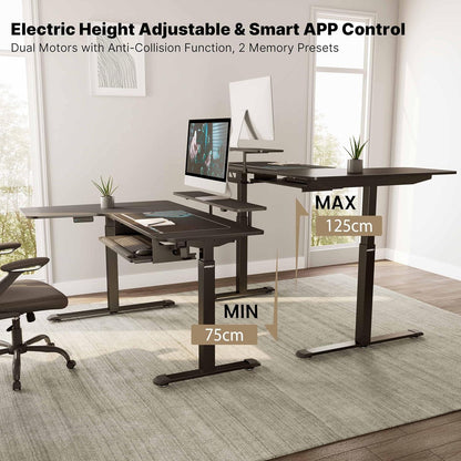 Höhenverstellbarer Schreibtisch L-Form 155x110 cm LED Tastaturablage