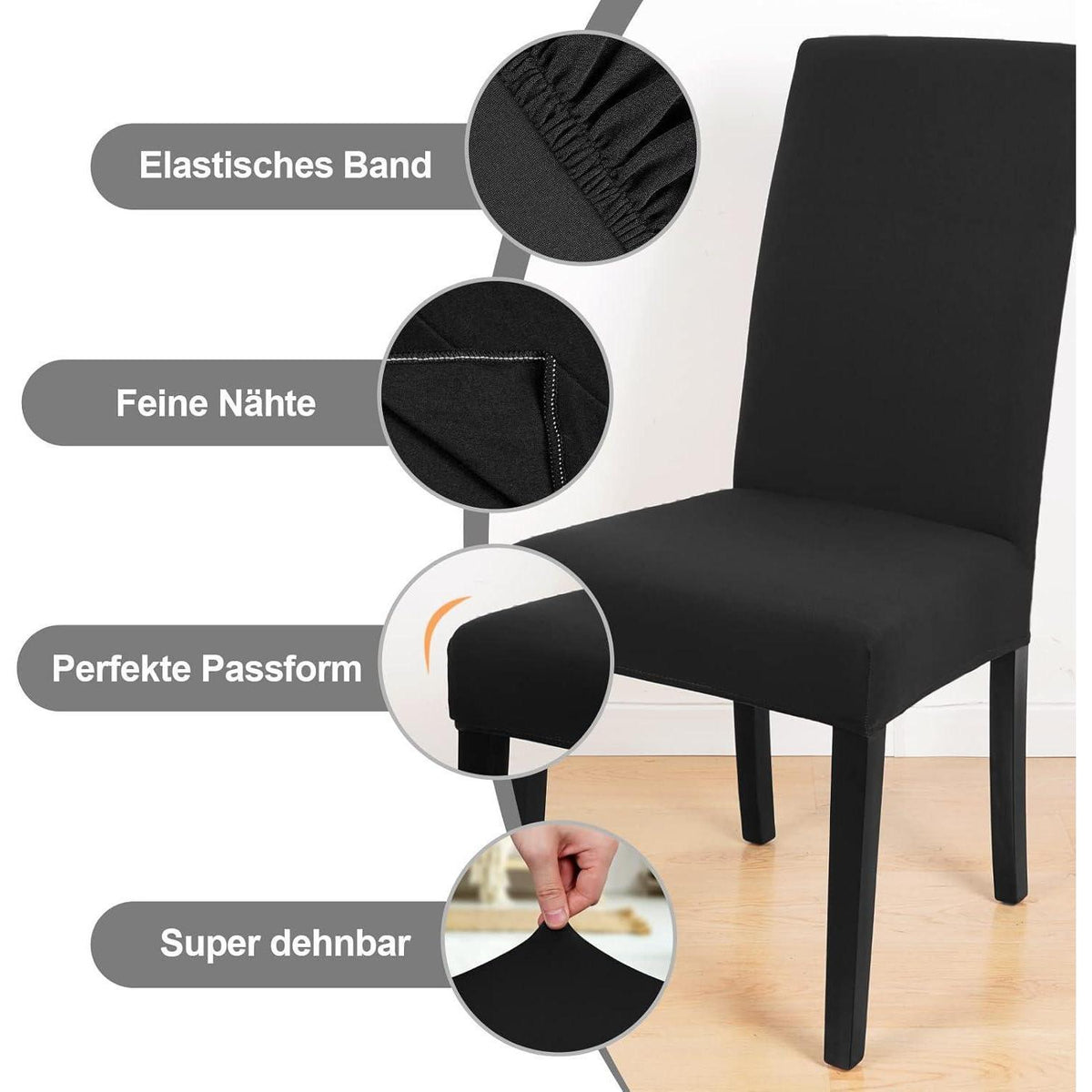 Stretch Stuhlhussen 6er Set – Elastische Stuhlbezüge Schwarz