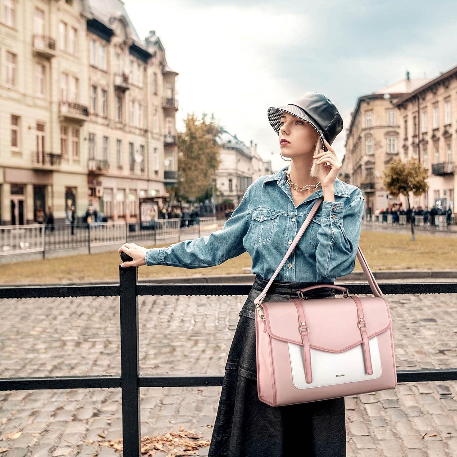 Laptop Handtasche Damen 15,6 Zoll PU-Leder Umhängetasche Rosa