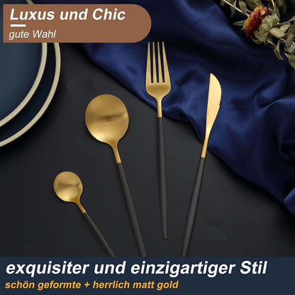 Besteckset 30 Teile für 6 Personen Schwarz Gold Matt Edelstahl