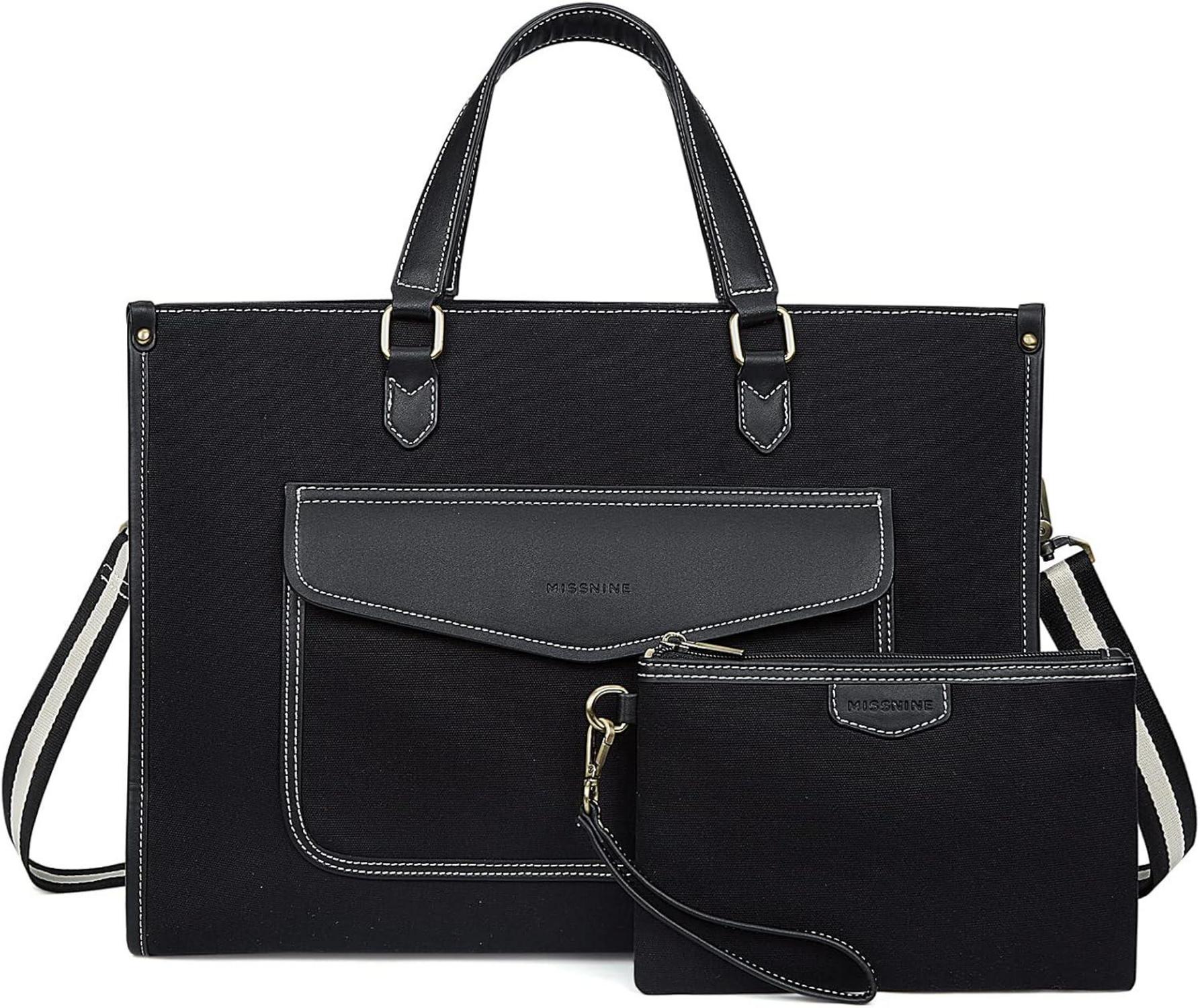 Laptoptasche Damen Canvas 15,6 Zoll Umhängetasche Beige Schwarz