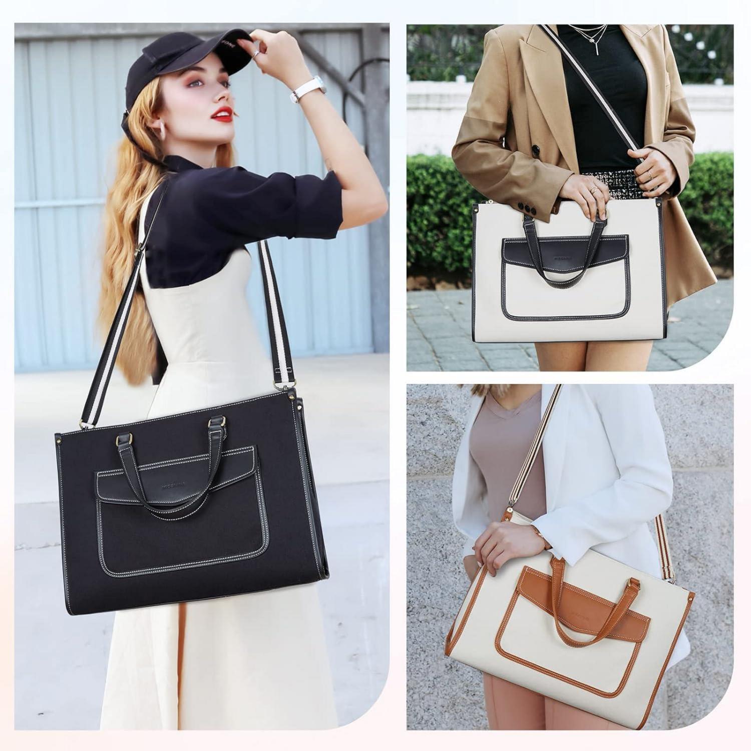 Damen Canvas Laptoptasche 15,6 Zoll Umhängetasche Beige Schwarz