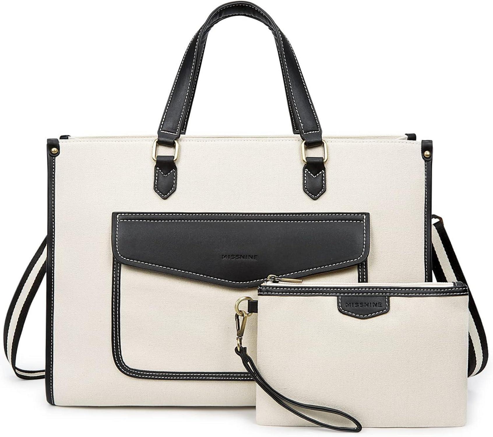 Große Laptoptasche Damen Canvas 15,6 Zoll Business Schwarz Beige
